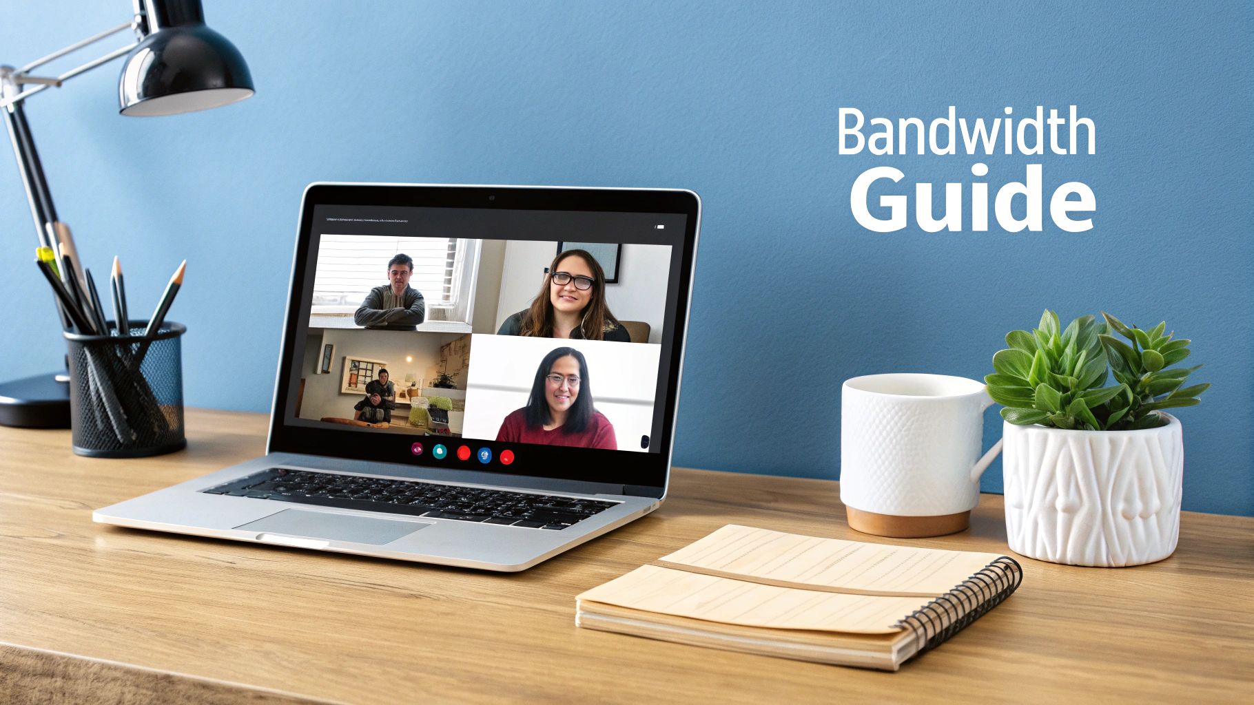 A team collaborating over a video conference call in a modern office setting.