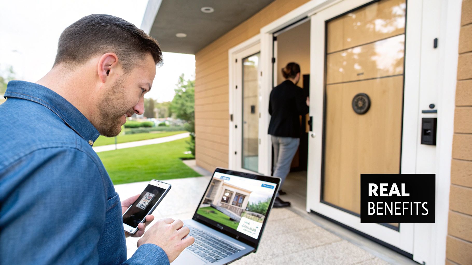 A woman happily using her smartphone to unlock her apartment door, showcasing resident convenience.