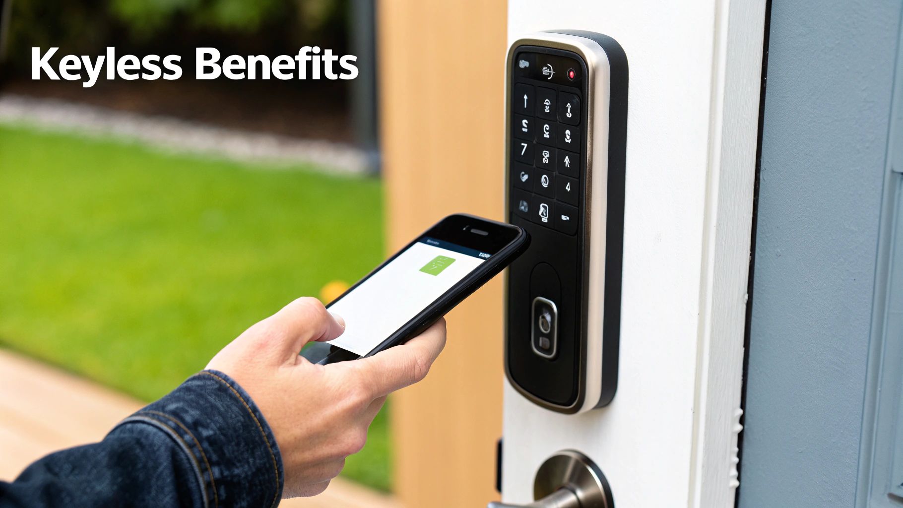 A sleek keypad entry system mounted on a modern glass door, showing a hand entering a code.