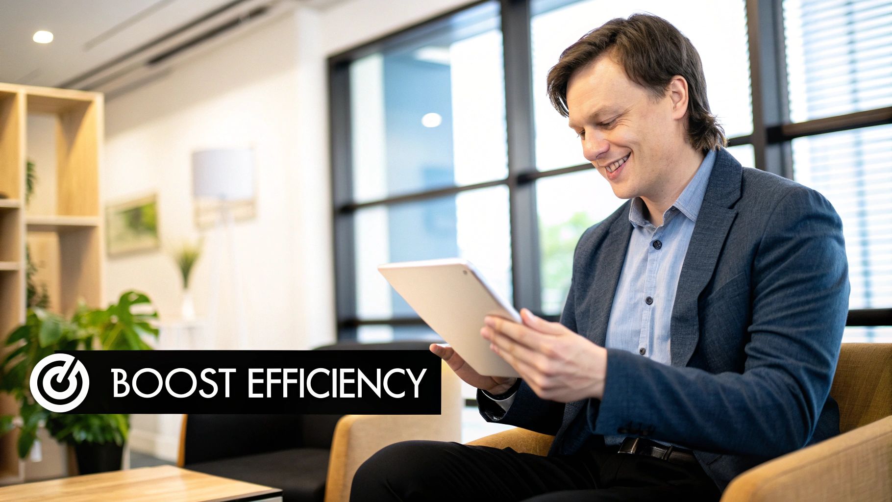 A property manager reviews data on a tablet with a well-maintained building in the background.