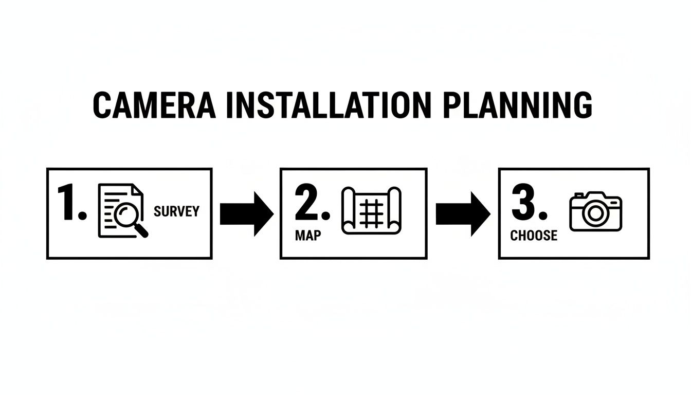 Infographic showing three steps for camera installation planning: survey, map, and choose.