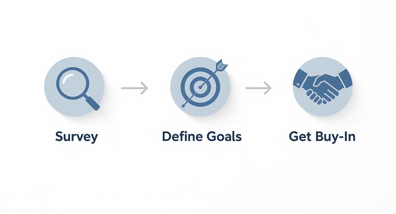 A three-step process diagram showing Survey, Define Goals, and Get Buy-In, with respective icons.