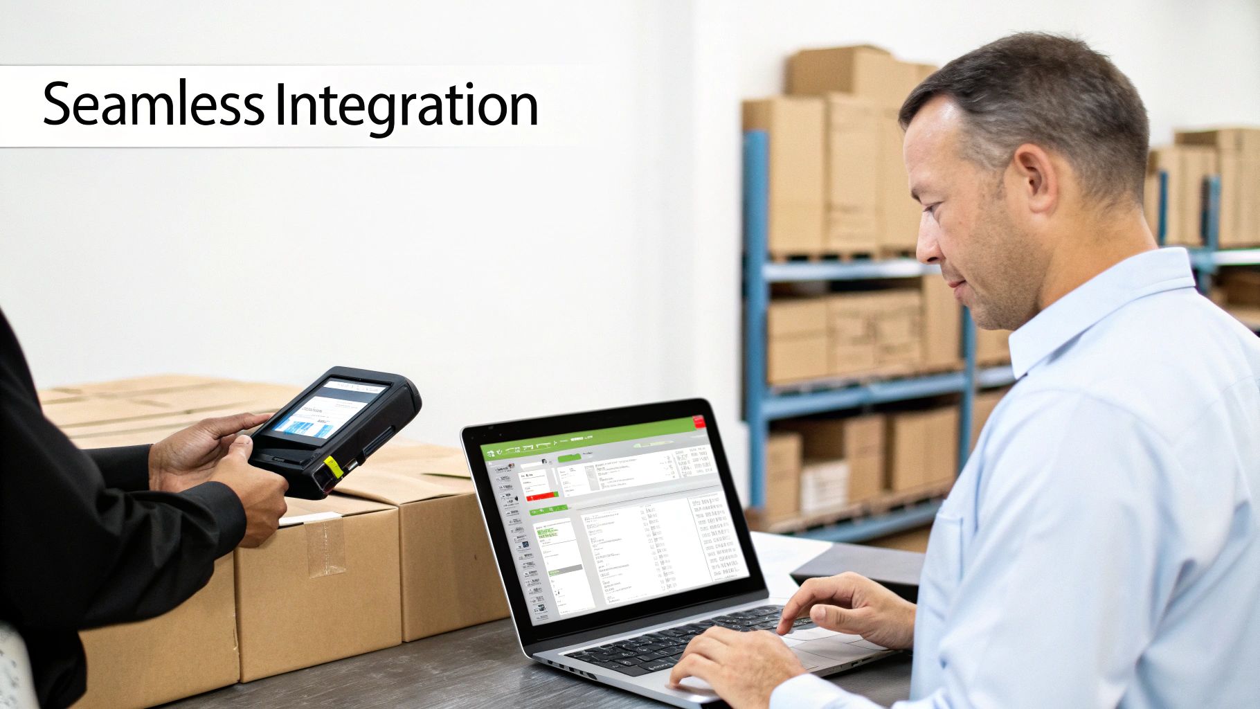 A maintenance team collaborates using tablets and smartphones, showing a seamless workflow in a modern office.