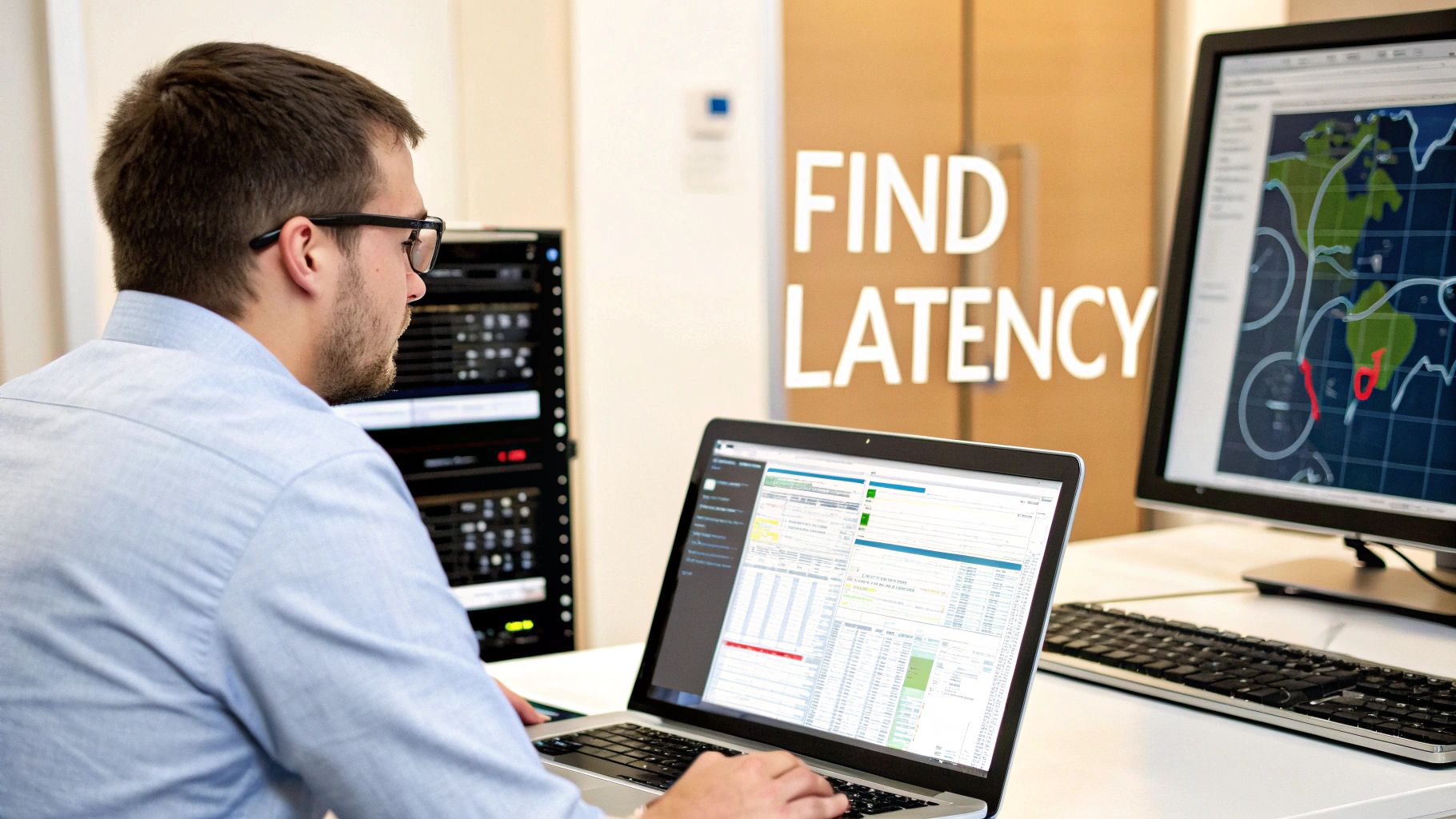 IT professional analyzing network performance data and latency metrics on laptop computer screen