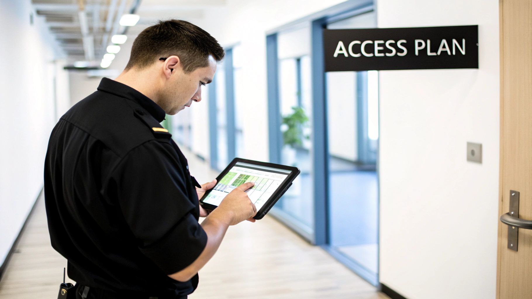 Man in uniform reviews an access control system on a tablet in a modern hallway.