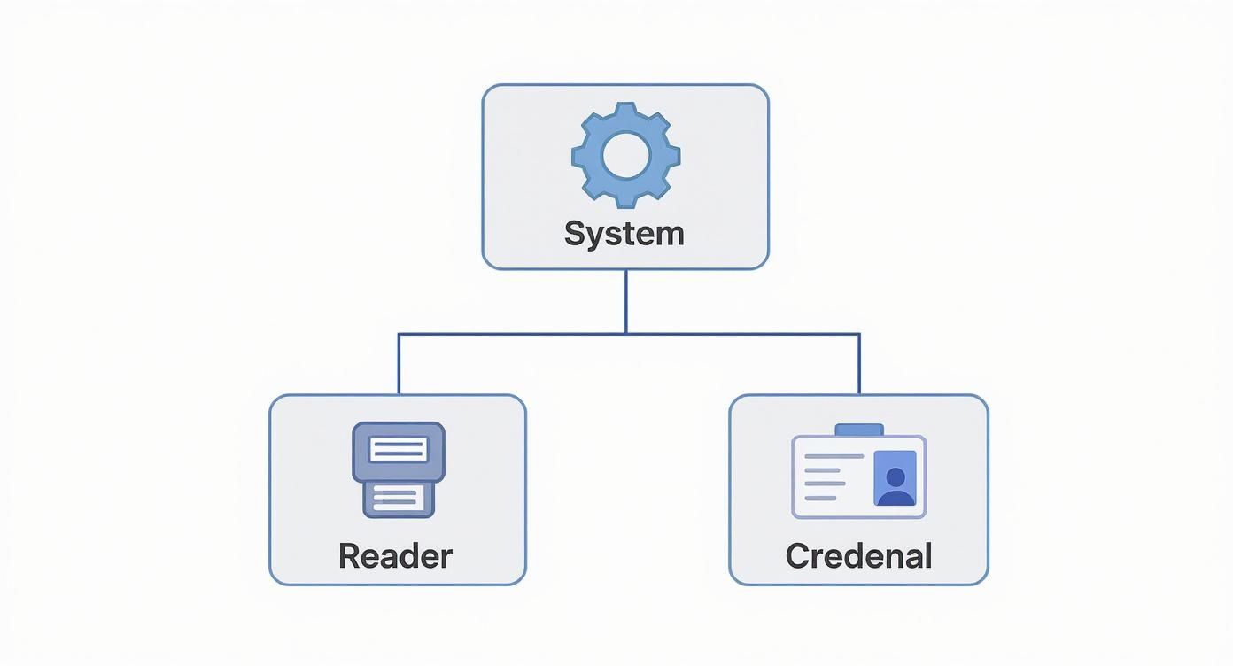 Hierarchical diagram showing system architecture with reader and credential components for access control