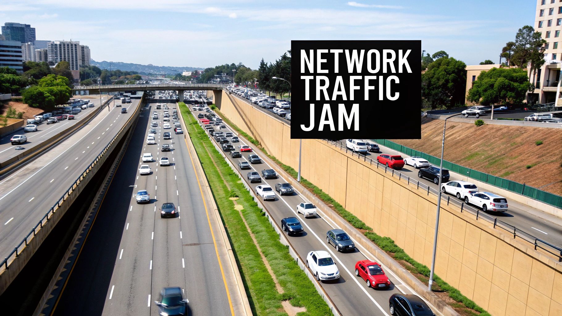 Busy highway lanes filled with cars, symbolizing a network traffic jam and congestion.