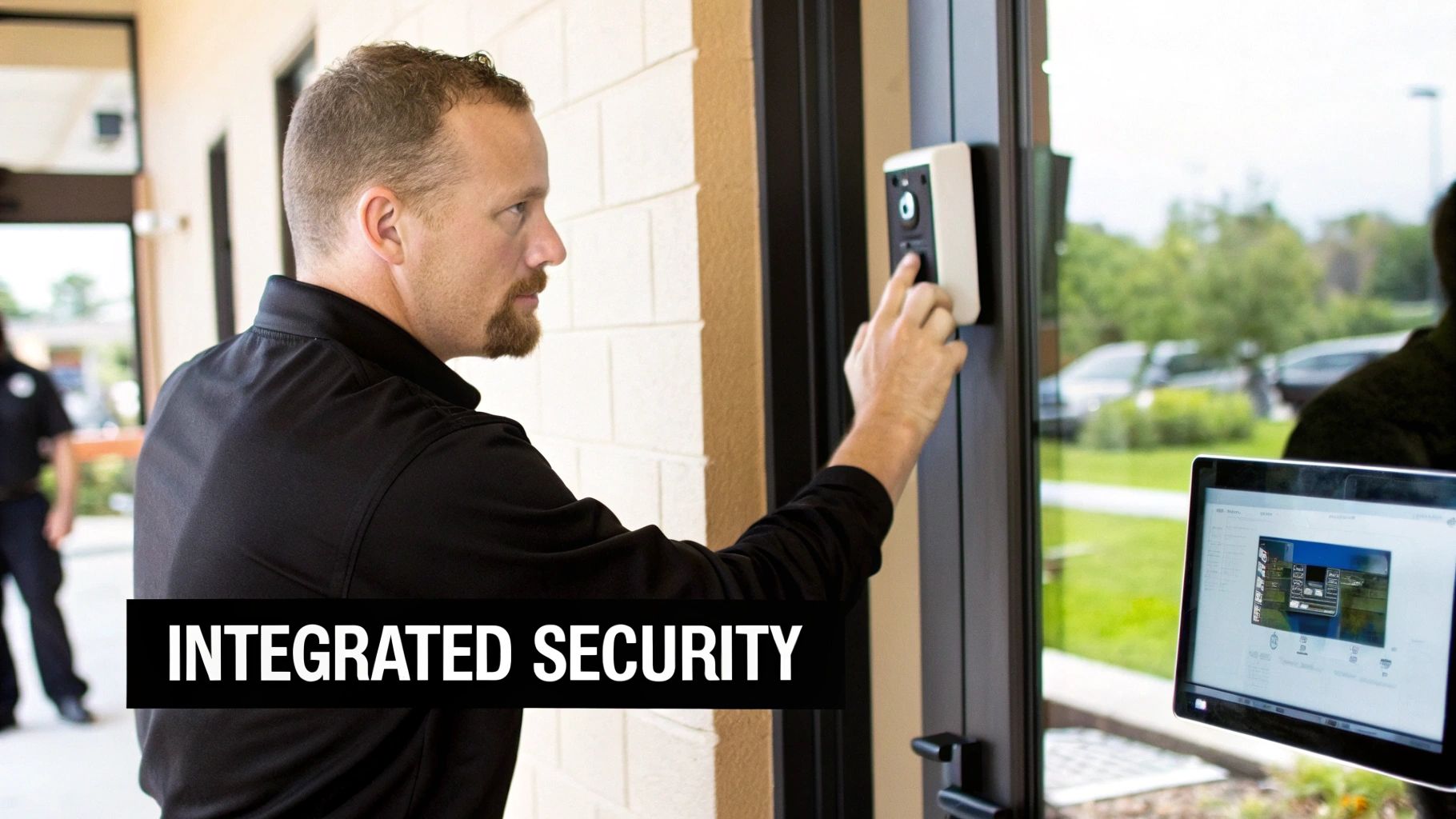A man interacts with a modern access control system on a glass door, with a tablet displaying security software.