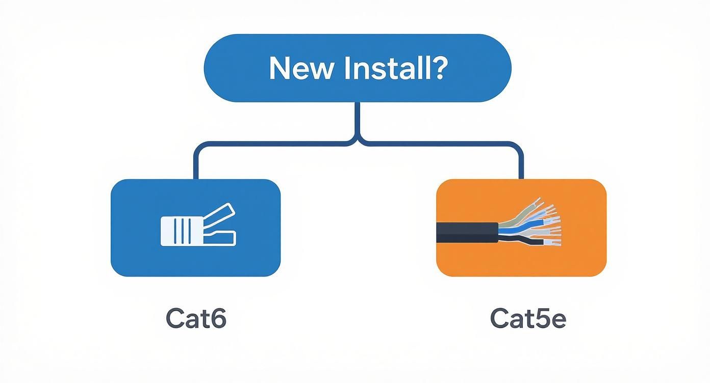 A decision tree diagram asking 'New Install?' branching to Cat6 with an RJ45 icon or Cat5e with a stripped cable icon.