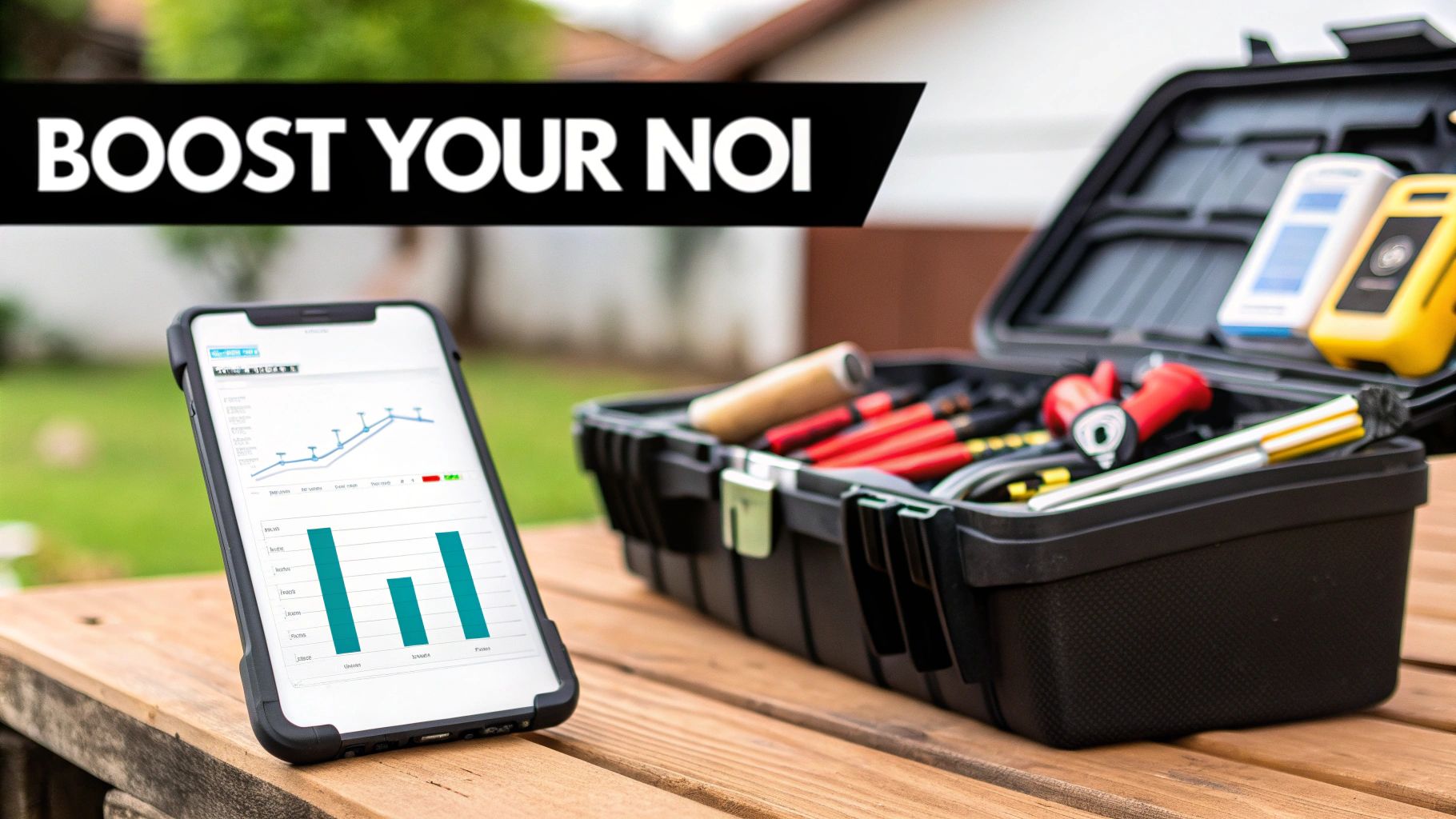 A smartphone displaying financial charts and an open toolbox with tools, signifying improved real estate performance.