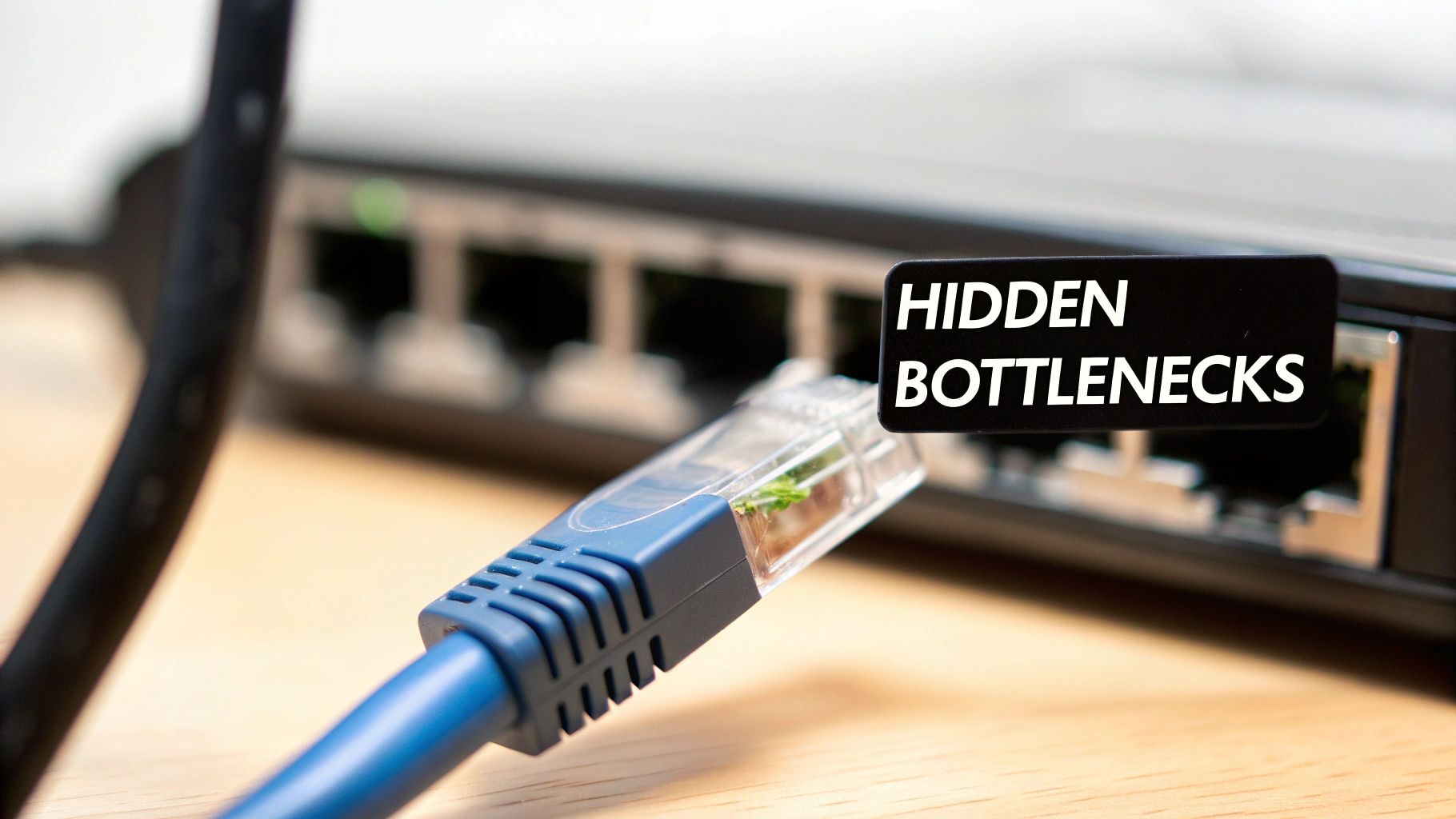 A network cable tied in a knot, symbolizing a bottleneck slowing down data flow.