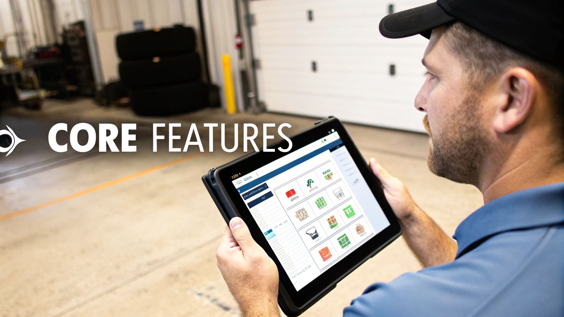 A building maintenance technician uses a mobile app on a tablet to manage work orders in a modern facility.