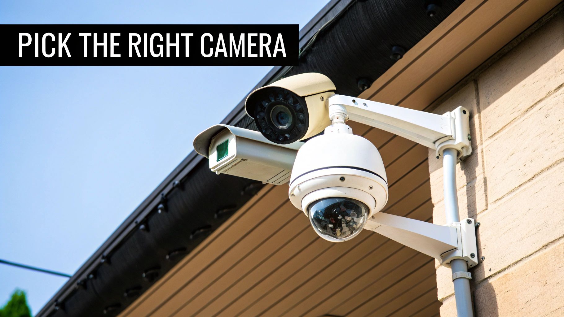 Three security cameras, including a dome and two bullet cameras, mounted on a building wall.