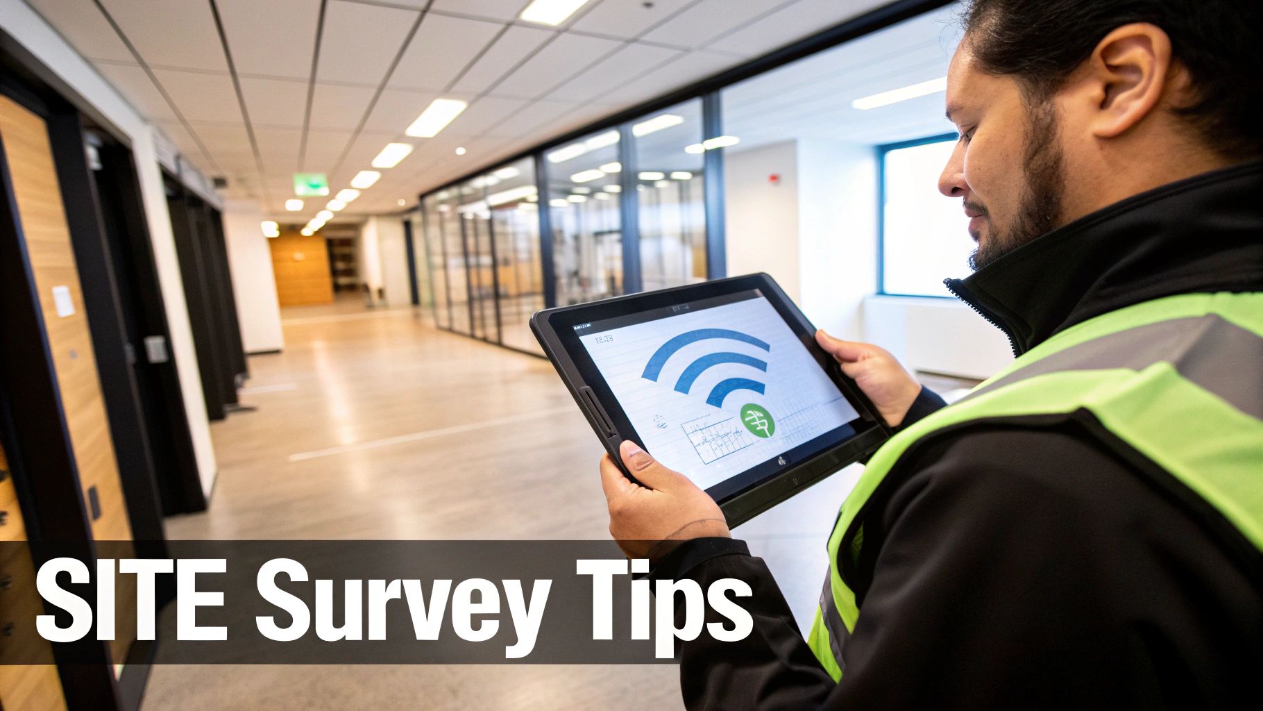 Technician conducting wireless site survey using tablet device in modern office building corridor