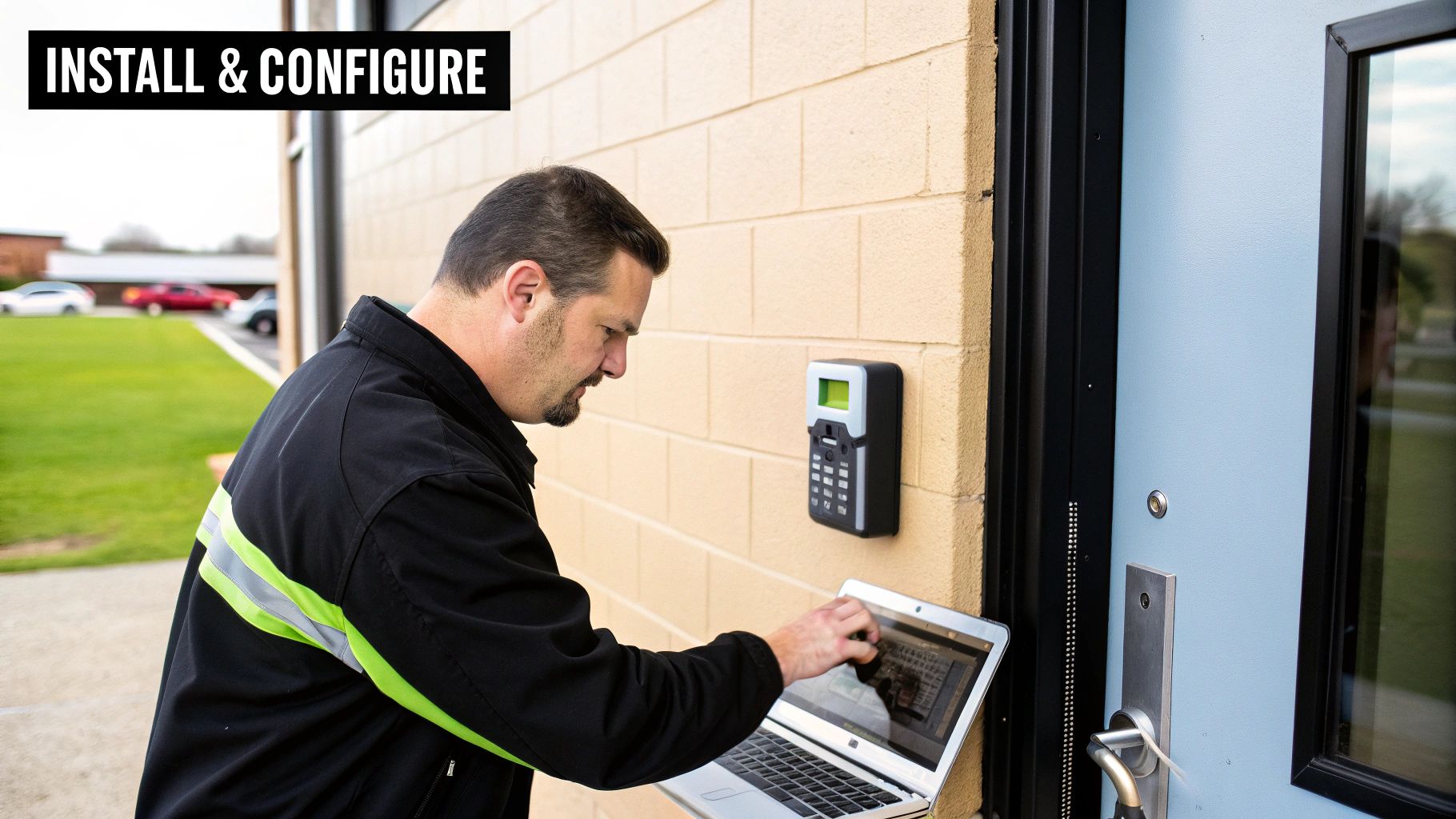Technician installing and configuring an access control system on a wall using a laptop.