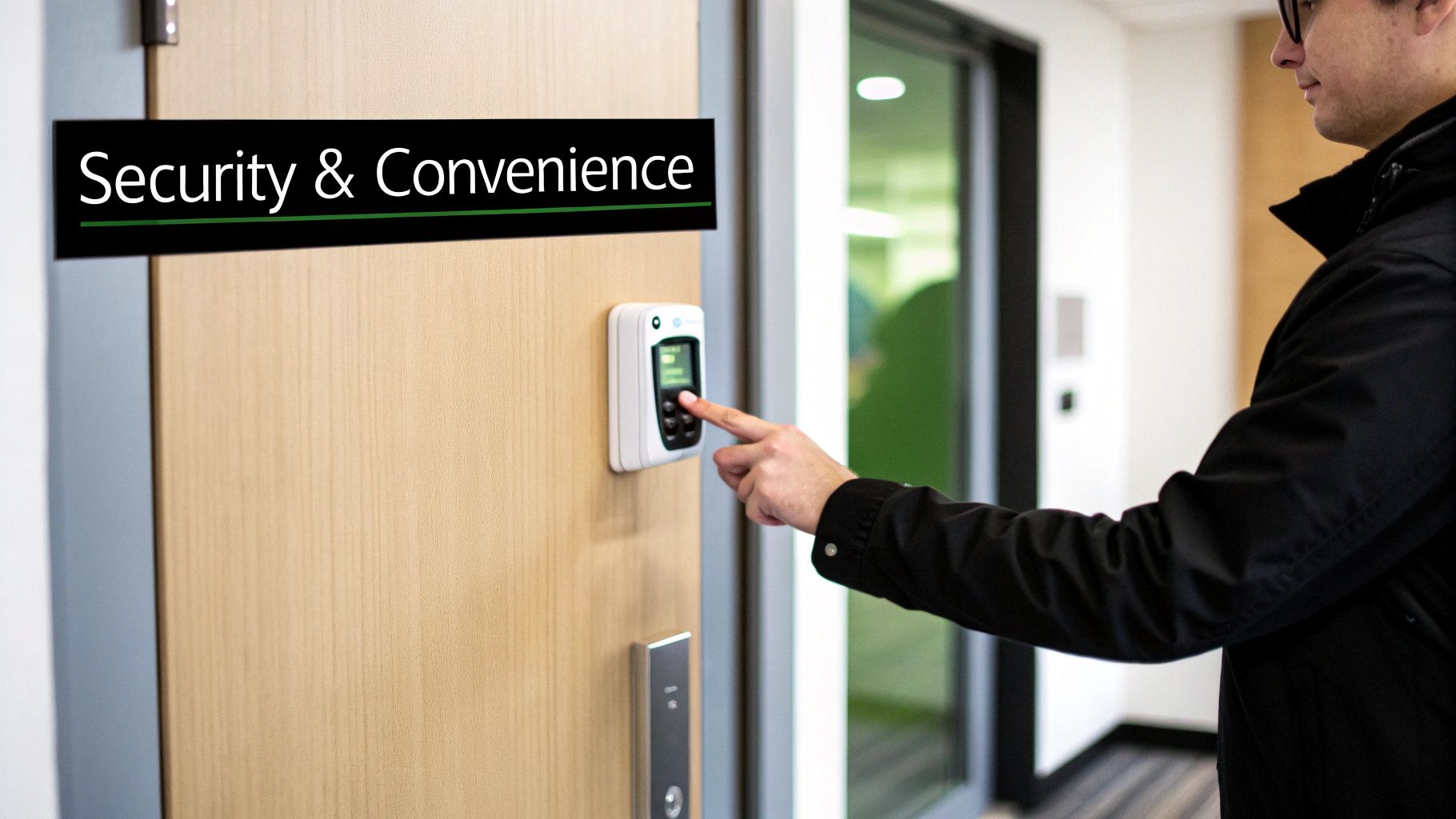 Person using a key fob to open a modern office door