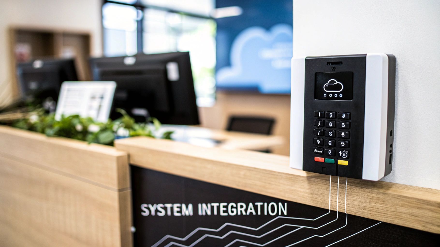 Modern payment terminal with cloud connectivity display on wooden desk in office environment