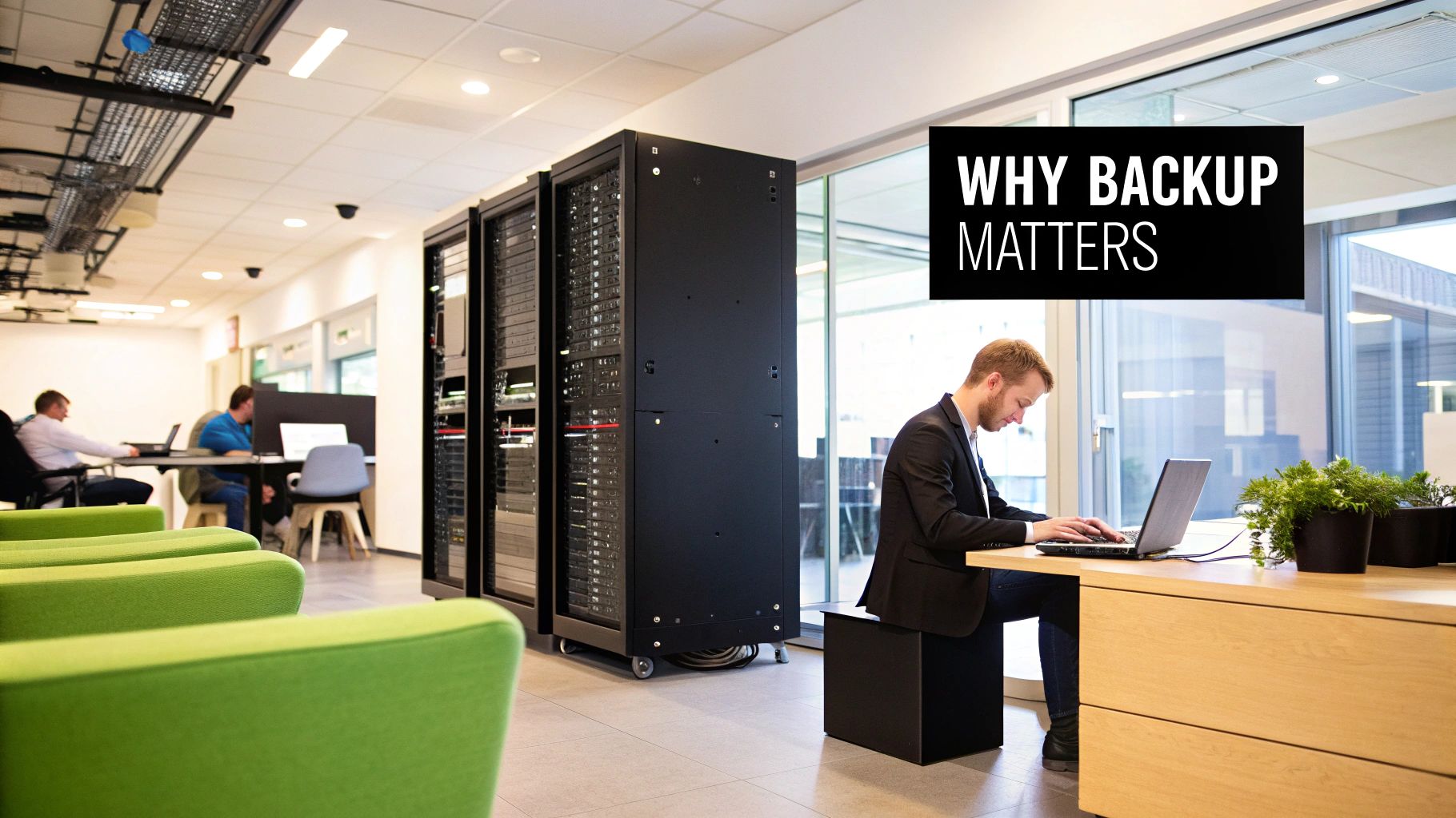 A secure server room with glowing lights, representing the lifeline of a business's data.