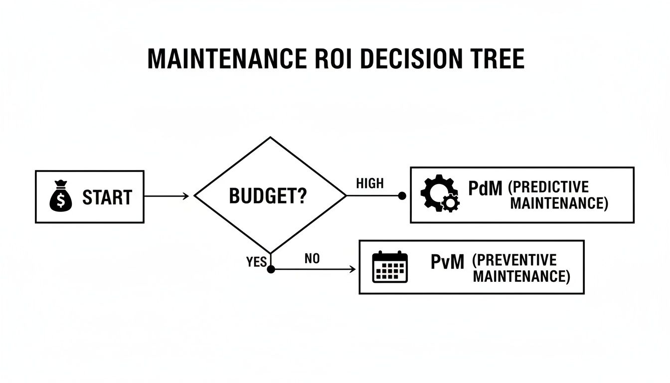 A maintenance ROI decision tree flowchart illustrating choices between predictive and preventive maintenance based on budget.