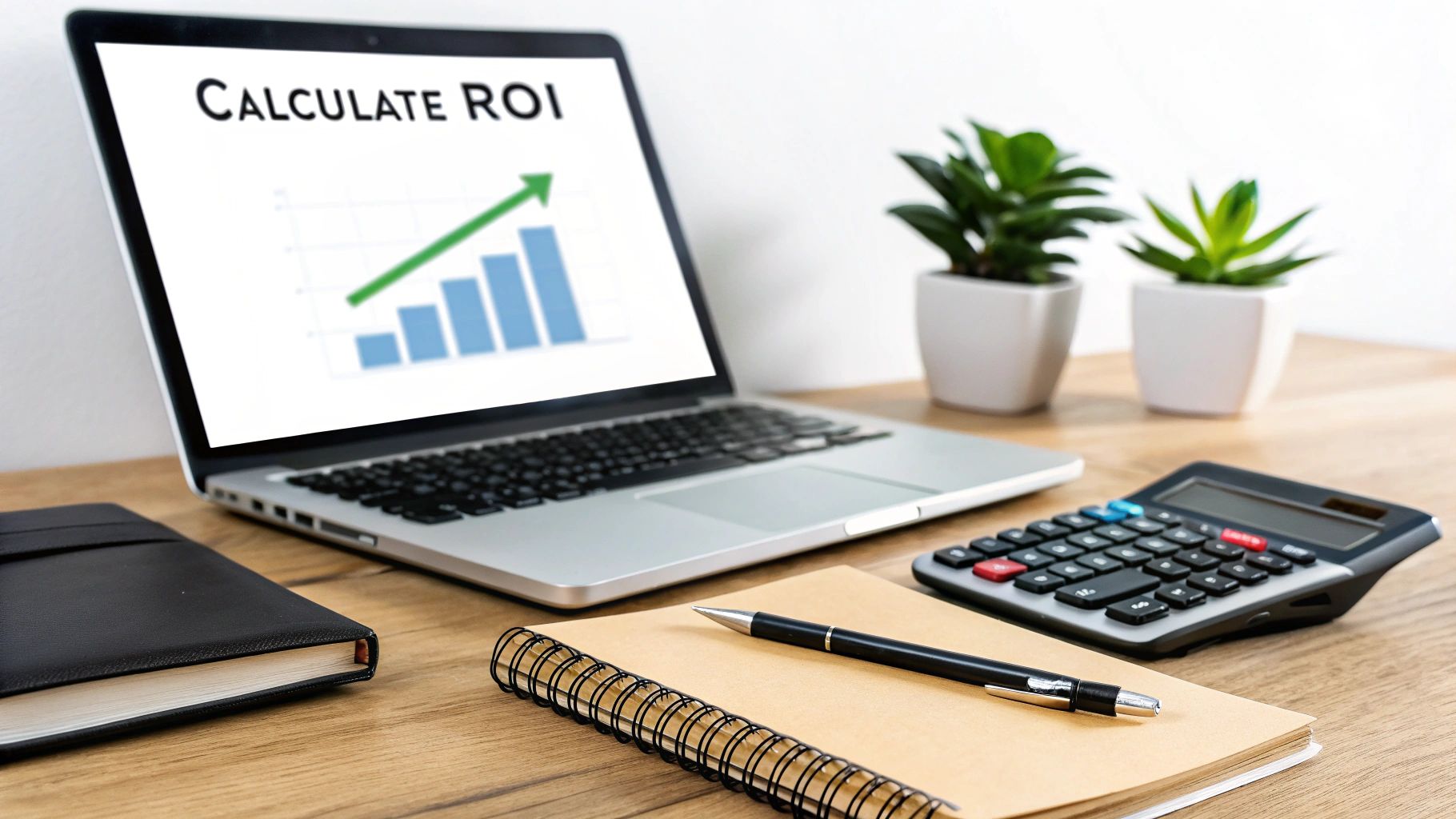 Person calculating ROI on a tablet with charts in the background.