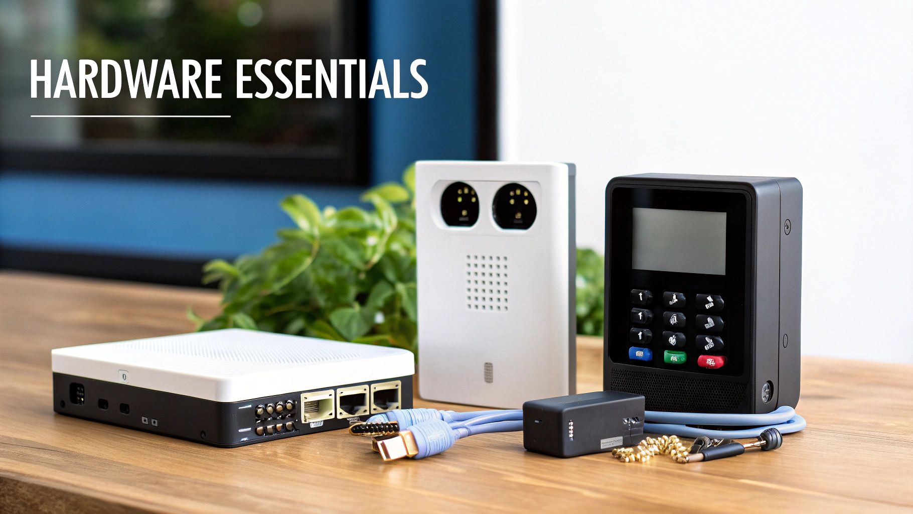 A variety of hardware essentials, including network devices and access control components, displayed on a wooden table.