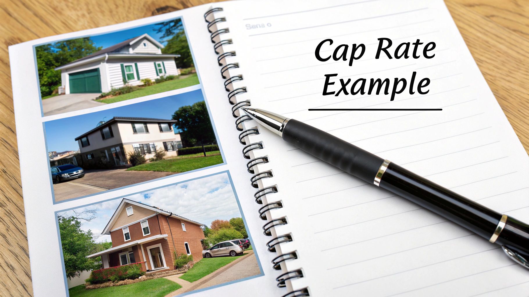 A spiral notebook open on a wooden desk, displaying 'Cap Rate Example' and three house photos, with a pen.