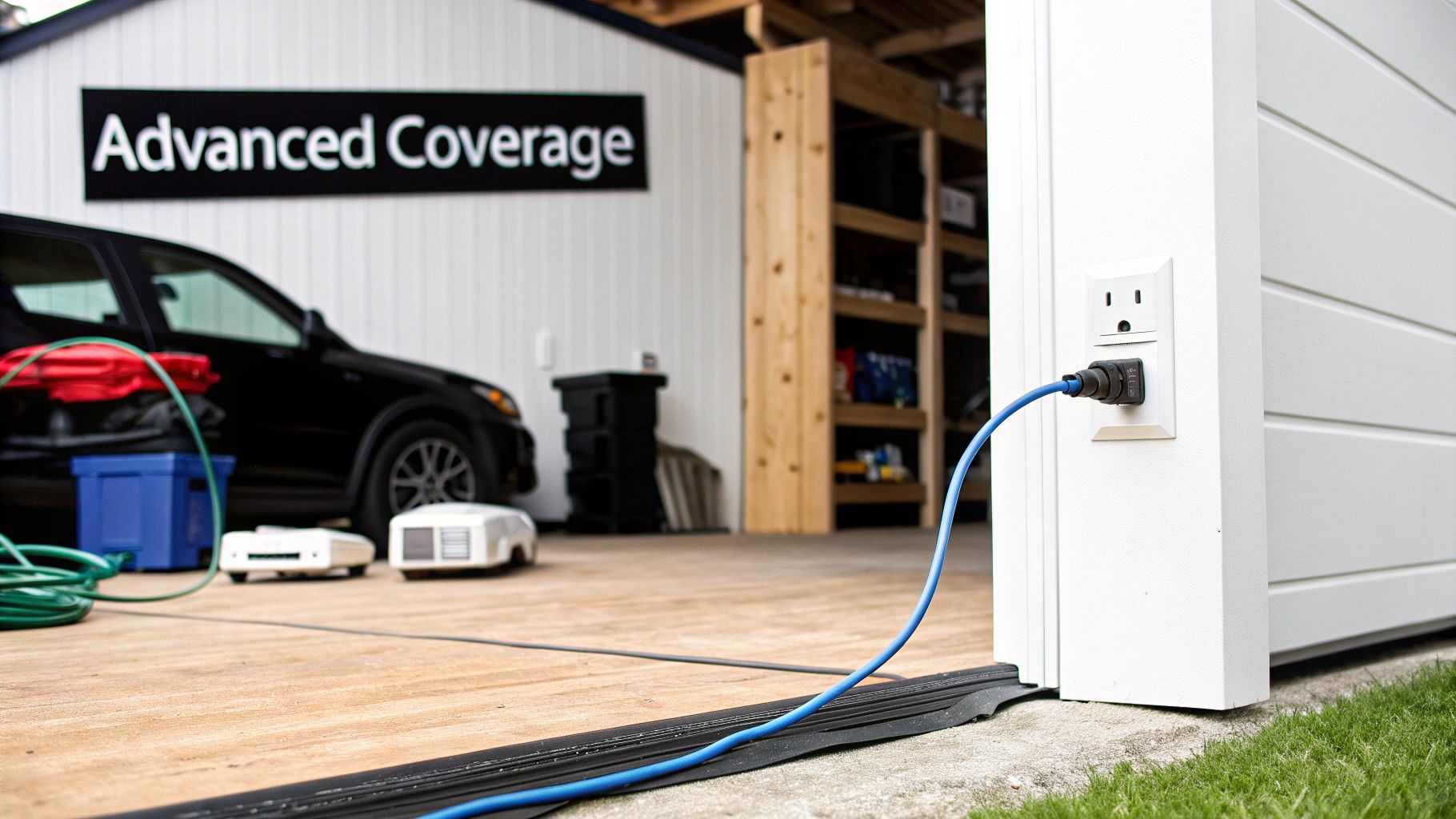 A modern router placed on a wooden shelf in a stylish living room.