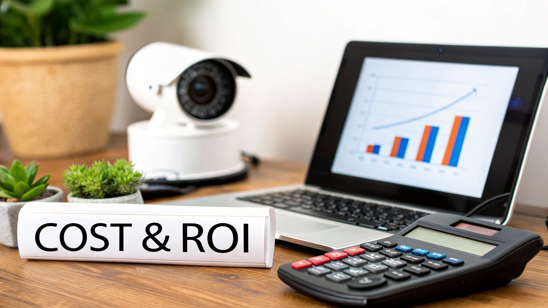 Security camera and laptop displaying analytics charts with calculator and cost ROI sign on desk