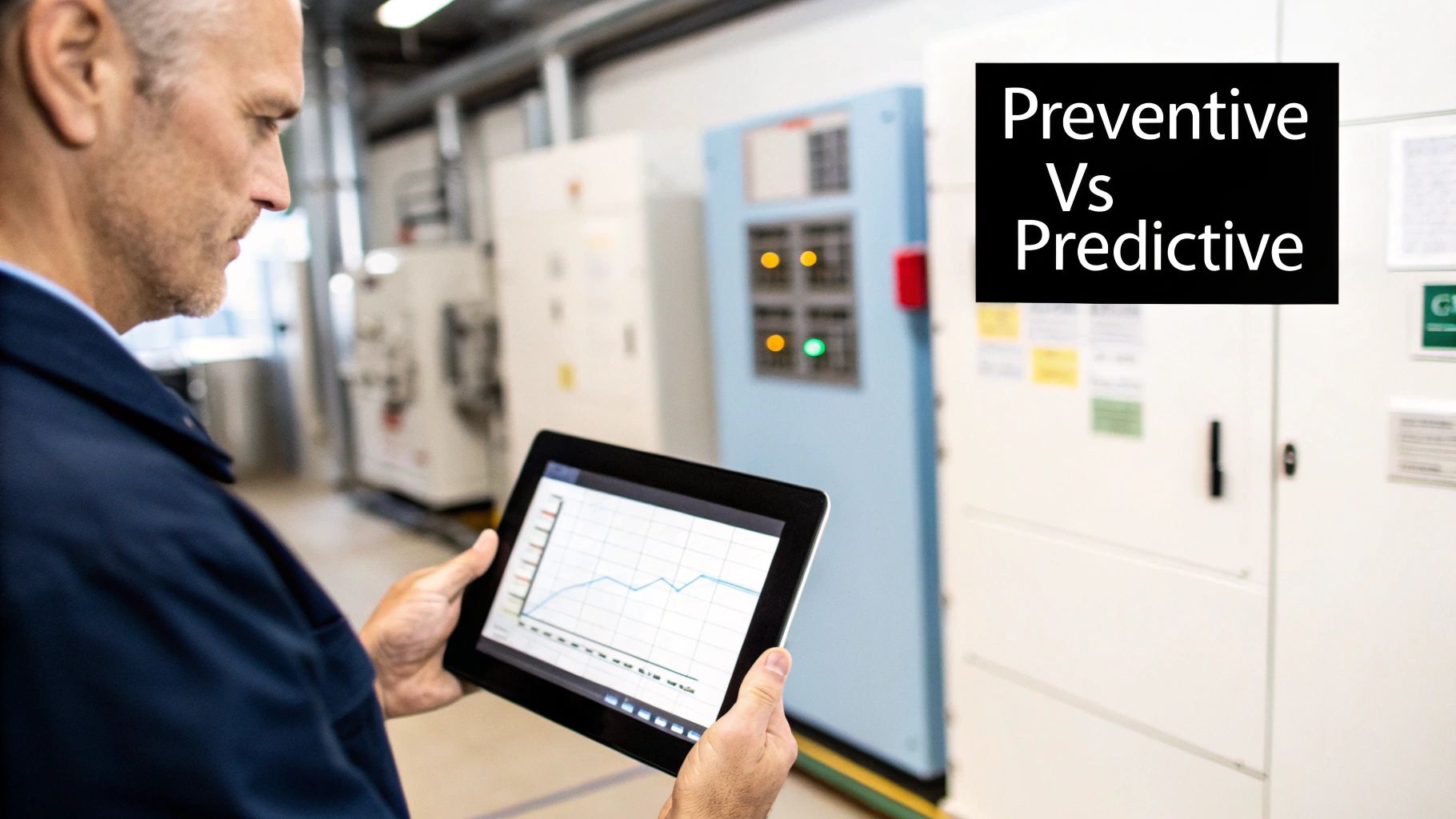 Man in an industrial setting holds a tablet showing a graph, emphasizing preventive versus predictive maintenance.