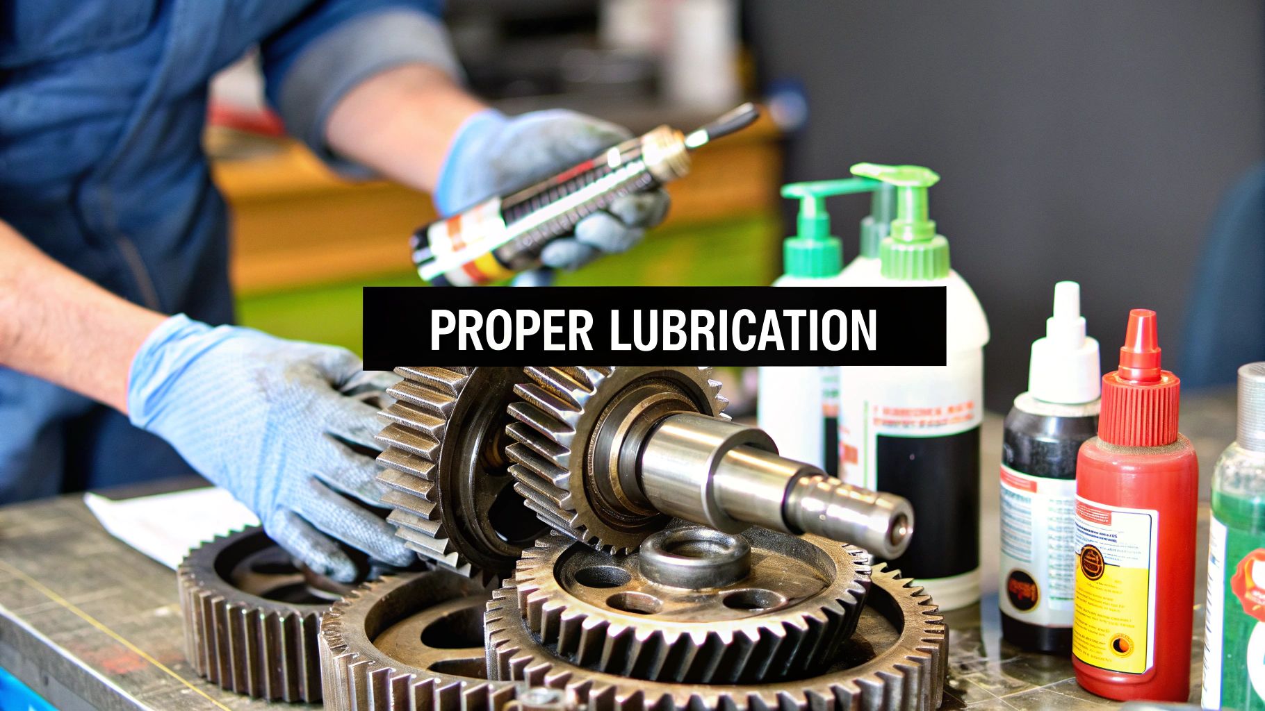Mechanic applying lubricant to metal gears with various bottles of oil and grease on a workbench.