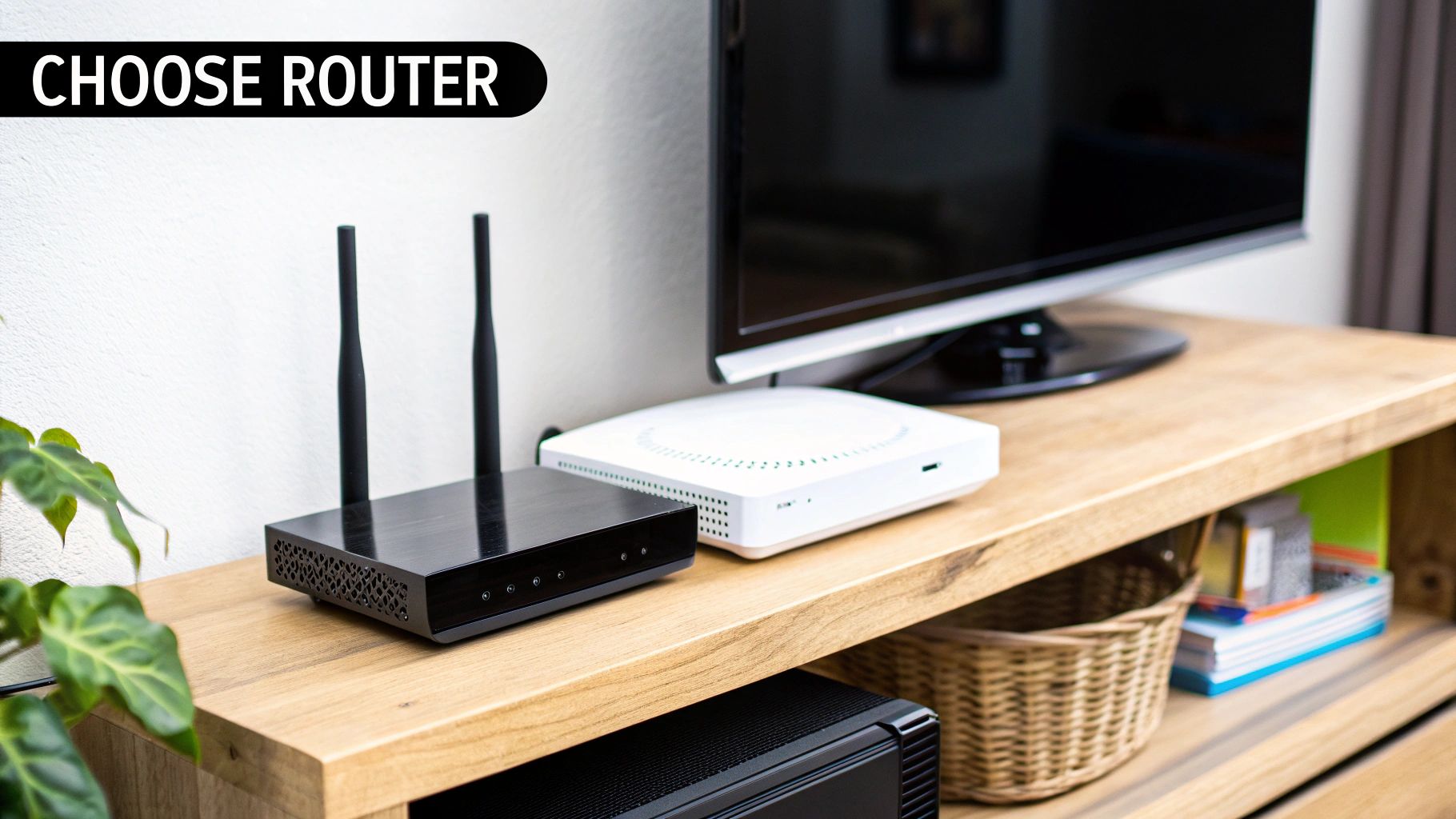 Two internet routers, one black and one white, displayed on a wooden TV stand with a TV and plant.