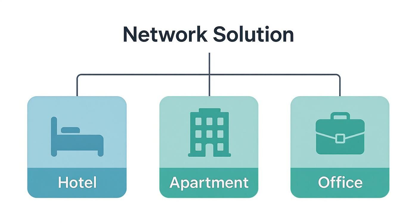 Diagram illustrating network solutions for different environments: hotel, apartment, and office.