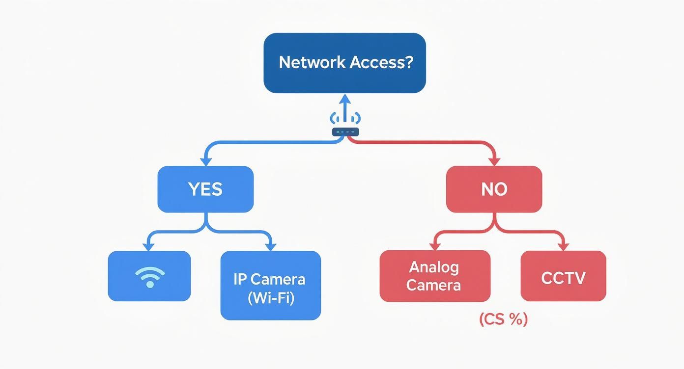 Flowchart comparing camera types based on network access, differentiating IP cameras from analog and CCTV.