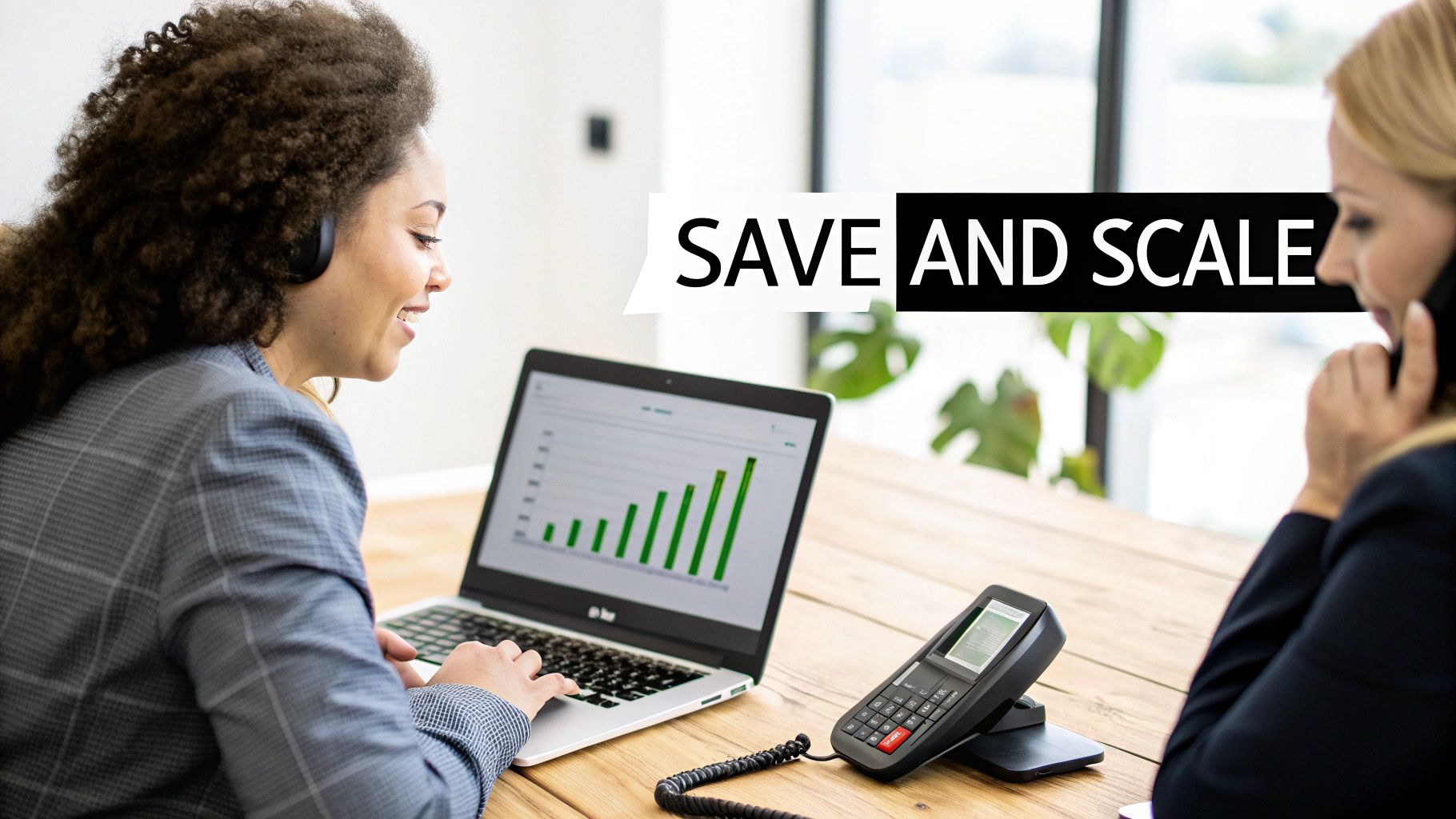 Smiling woman with headphones analyzing a growth chart on her laptop while a colleague talks on the phone.