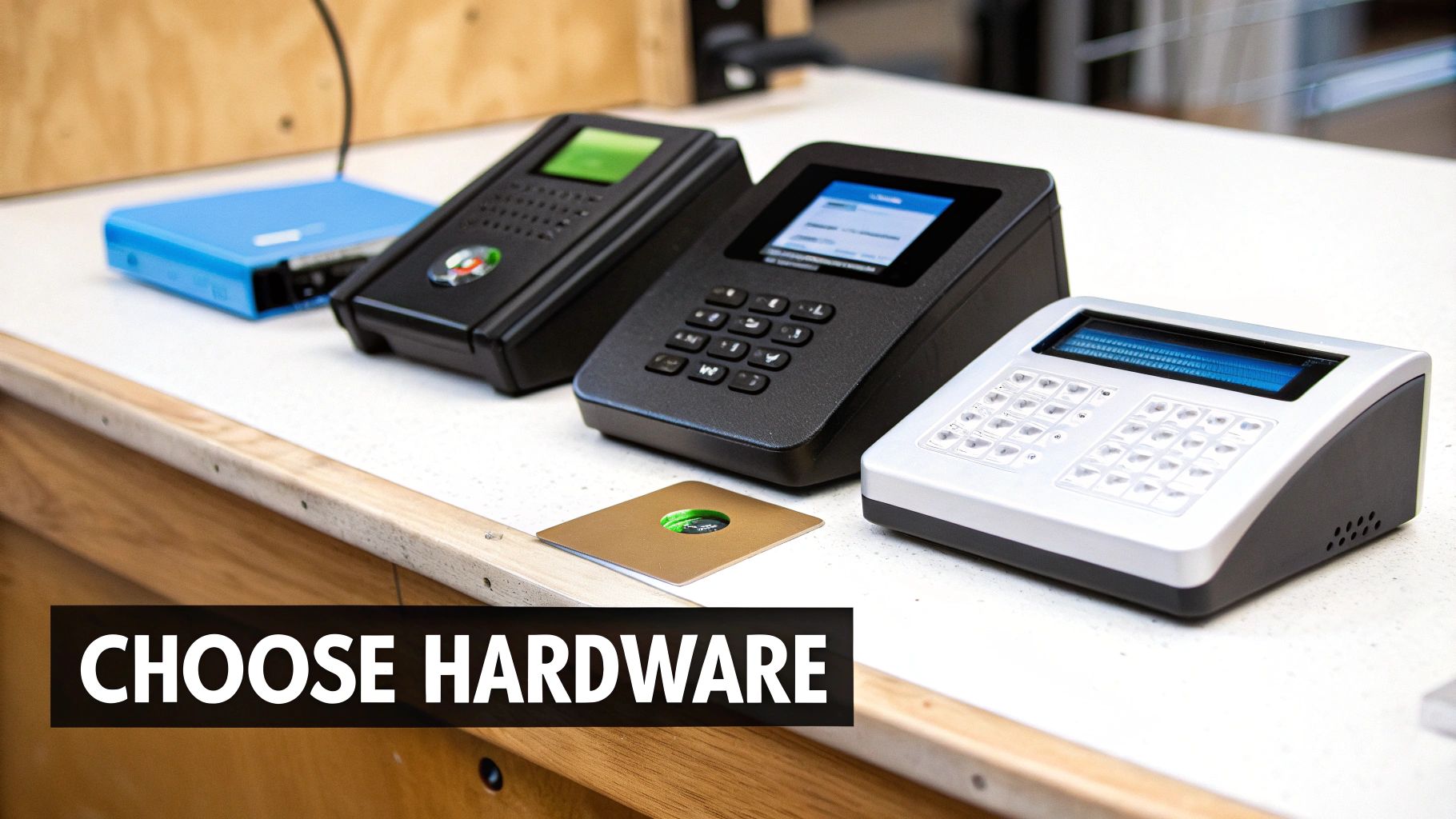 Multiple modern access control system hardware devices and keypads displayed on a white desk.