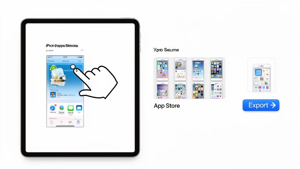 An iPad showing a mobile app interface being edited, with various phone screen mockups and an export option.