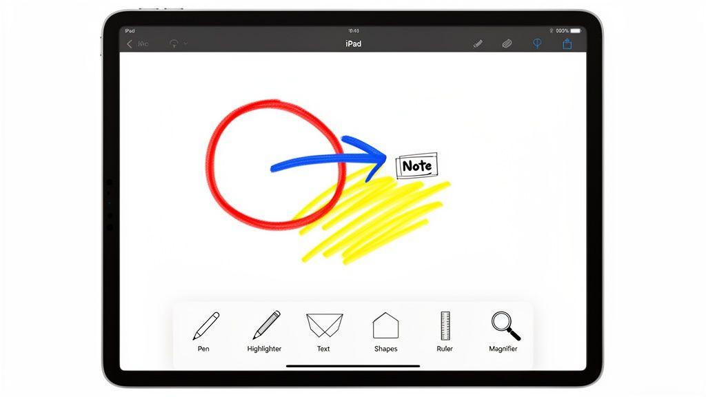 An iPad screen shows a drawing app with a red circle, blue arrow, 'Note' box, and yellow scribbles.