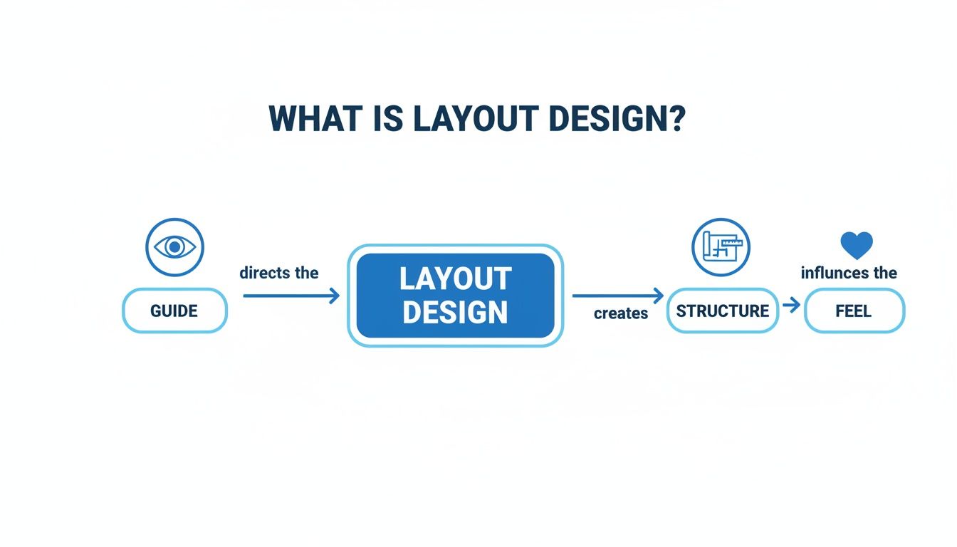 Flowchart explains layout design: GUIDE directs LAYOUT DESIGN, which creates STRUCTURE, influencing FEEL.
