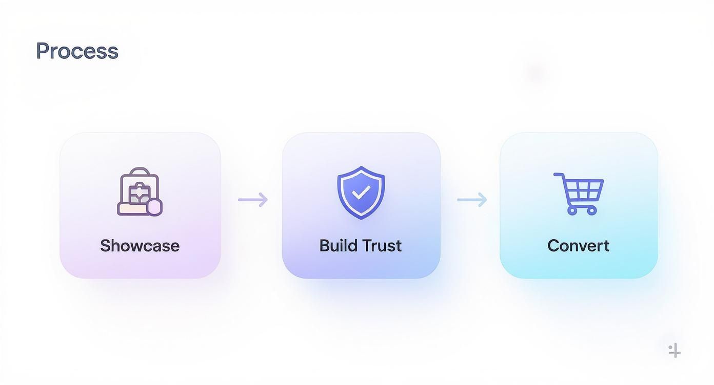 An infographic process flow showing three key steps for ecommerce app mockups: Showcase with a product icon, Build Trust with a shield icon, and Convert with a shopping cart icon.