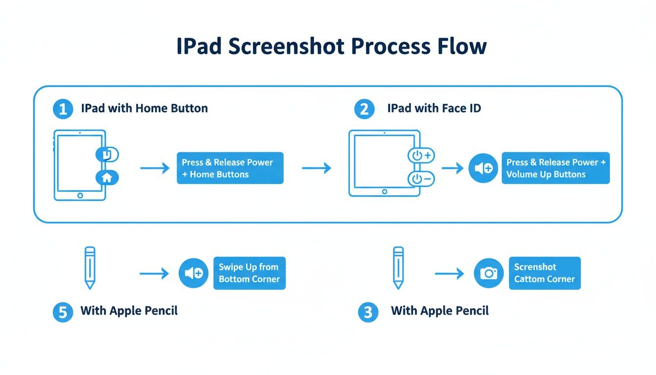 A flowchart detailing various methods to capture screenshots on different iPad models, including button combinations and Apple Pencil gestures.