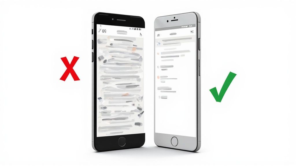 A visually cluttered and confusing app screenshot with hard-to-read text, representing common mistakes.