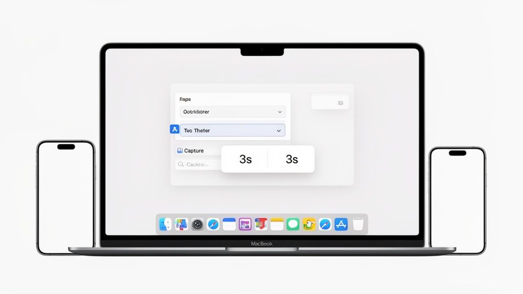 A MacBook laptop showing a screen capture interface with two iPhones on a white background.