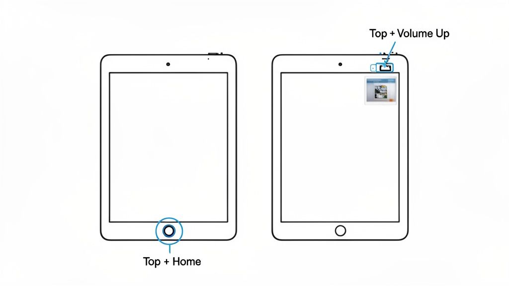 Diagram showing how to take a screenshot on different iPad models using button combinations.