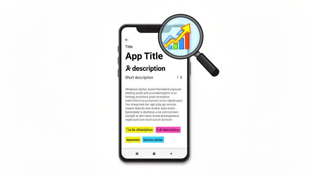 A mobile phone displaying app store optimization components, including title, description, and keywords, with a magnifying glass symbolizing growth.