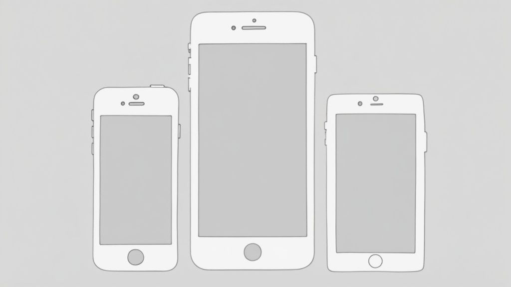 Three white smartphone mockups of various sizes with blank grey screens for app display.