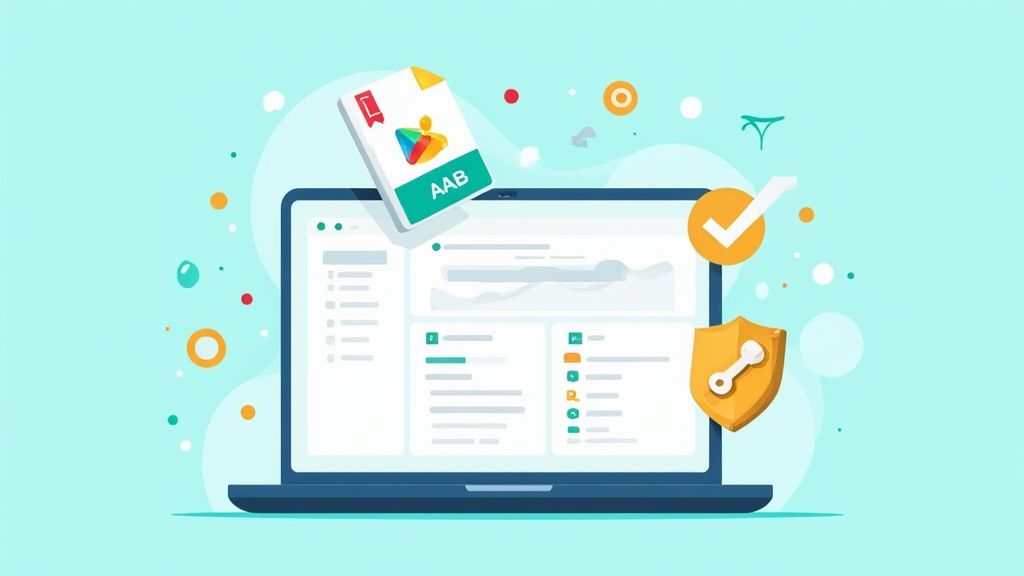 Laptop displaying an app publishing dashboard with an AAB file, Google Play logo, checkmark, and security shield.