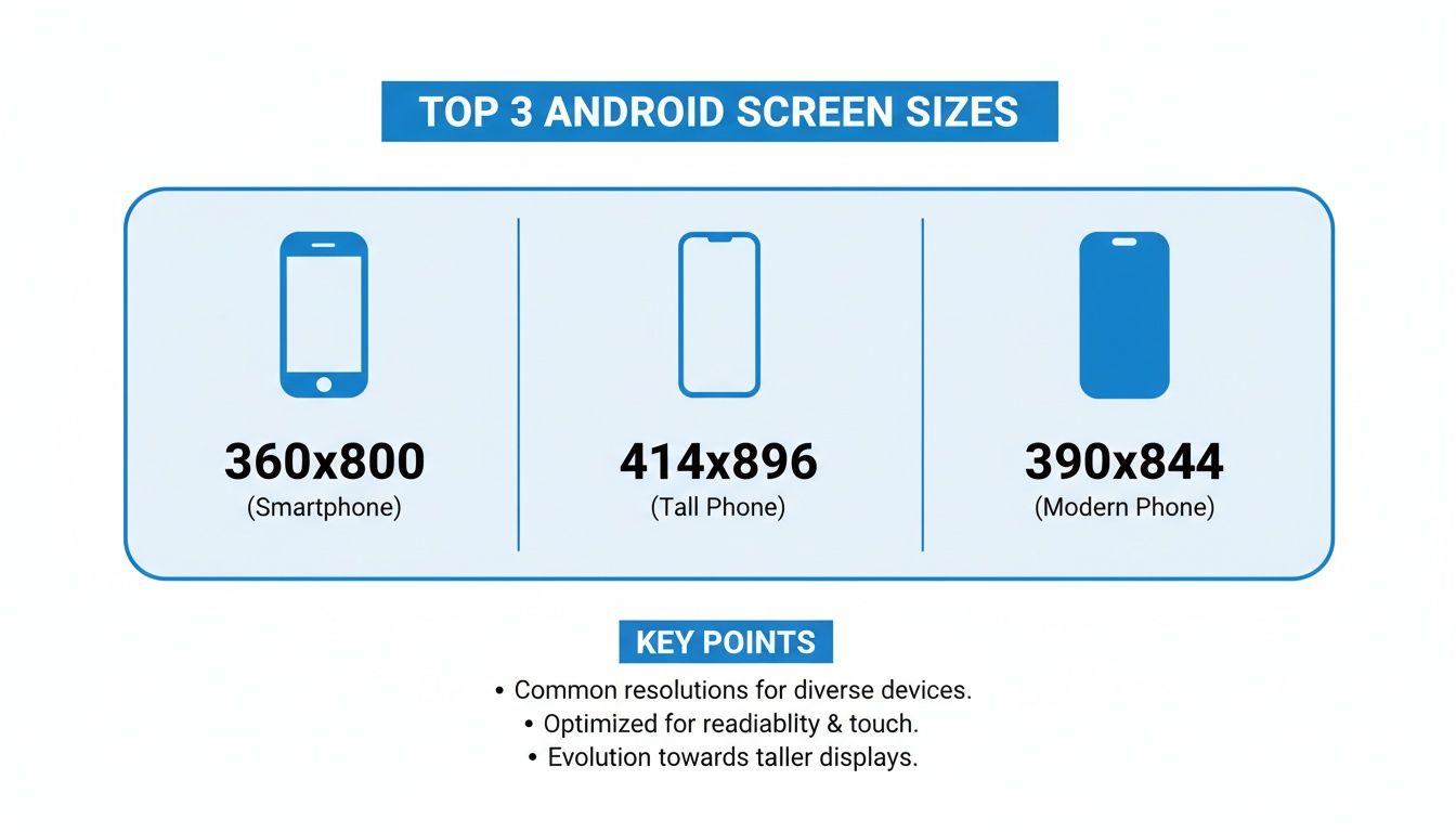 Top 3 Android screen sizes, including resolutions like 360x800 and 414x896.