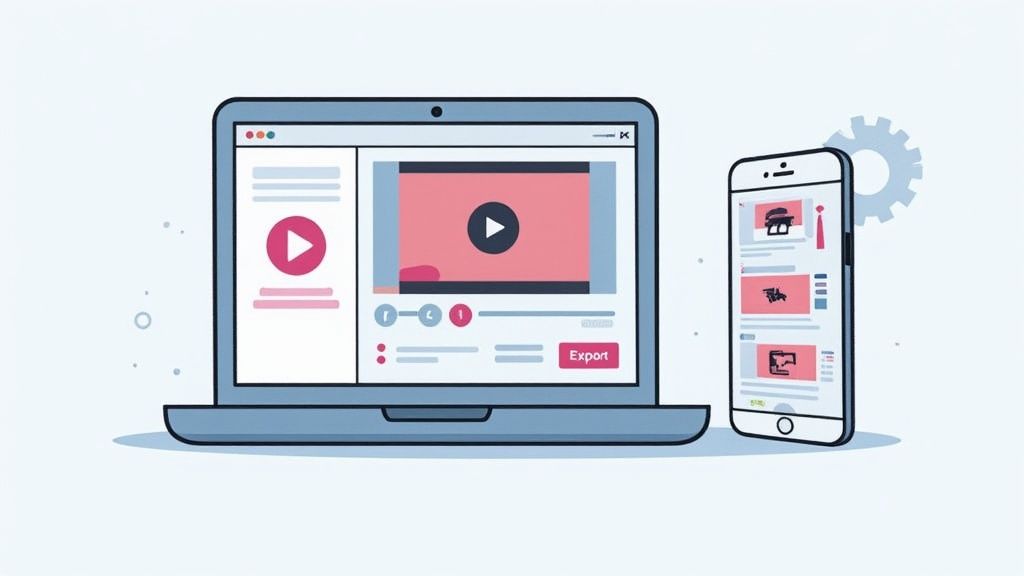 Laptop and smartphone displaying video editing interface with export button and play controls