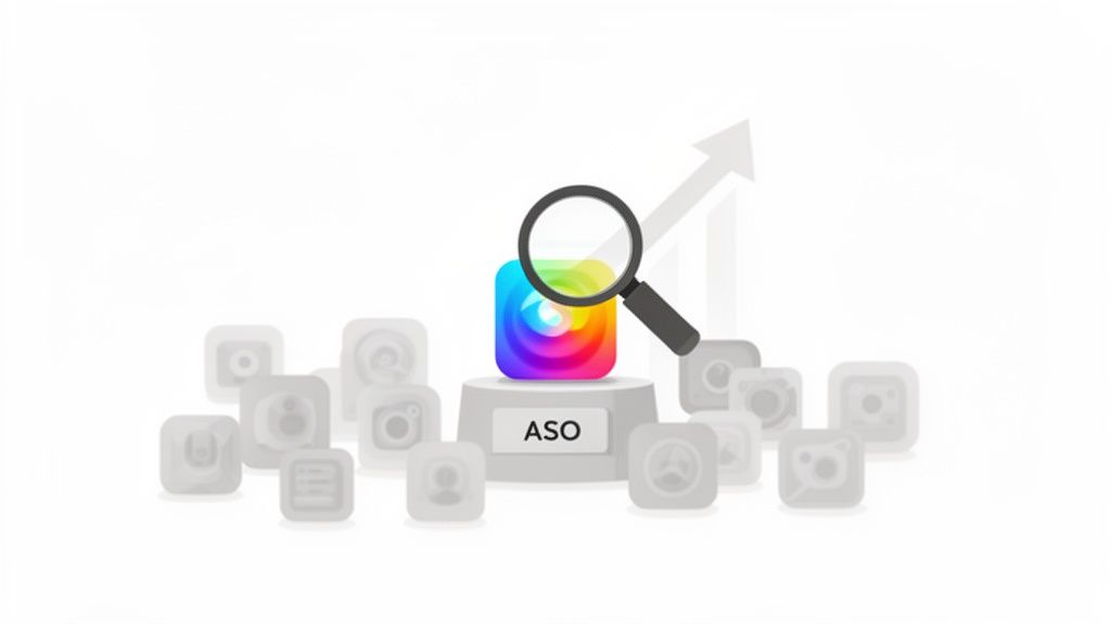 A magnifying glass highlights a colorful app icon on an 'ASO' pedestal, surrounded by other faded apps, showing growth.