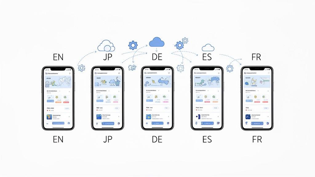 Mobile application mockups in multiple languages (EN, JP, DE, ES, FR) demonstrating localization and global deployment.